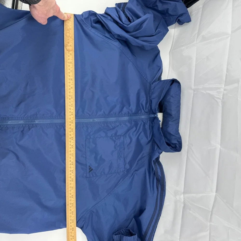 Adidas Windbreaker Jacket Mens Large Blue Full Zip Packable Hood‎ Mesh Lined